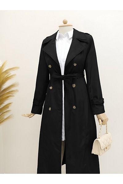 Modamorfo Schwarzer Trenchcoat – gefüttert und mit Gürtel