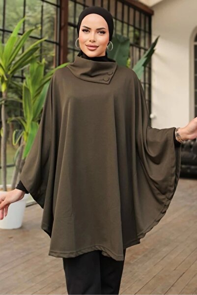 Lisinya Stylish Designed Khaki Shawl Collar Poncho with Button Detail