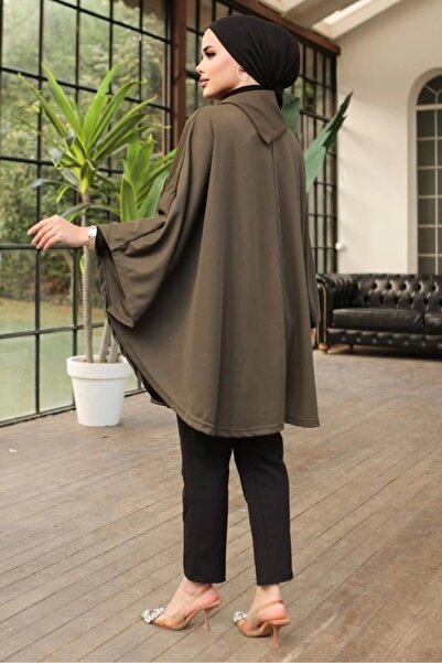 Lisinya Stylish Designed Khaki Shawl Collar Poncho with Button Detail