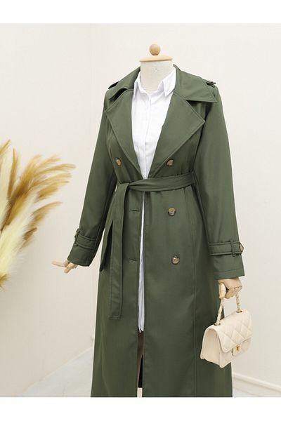 Modamorfo Khakifarbener Trenchcoat mit Innenfutter und Gürtel