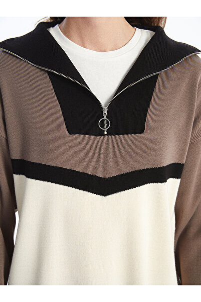 LC Waikiki Beige Mock Neck Color Block Women's Knitwear Tunic