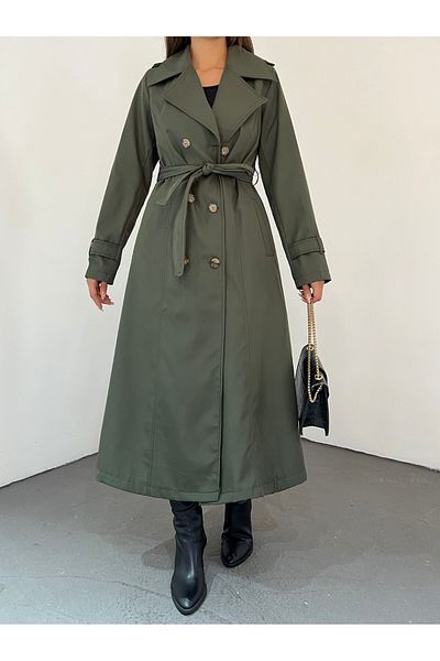 Modamorfo Khakifarbener Trenchcoat mit Innenfutter und Gürtel