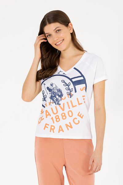 U.S. Polo Assn. Tricou alb de damă cu decolteu în V 50262952 -VR013