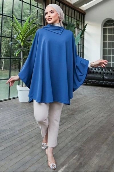 DoQuN Stylish Designed Blue Shawl Collar Poncho with Button Detail