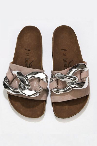 Bueno Shoes Δερμάτινες γυναικείες φλατ παντόφλες Nubuck - Sand 05wt066