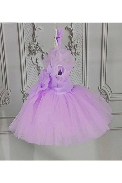ELLUSSİ Girl's Lilac Short Balloon Sleeve Puffy Dress