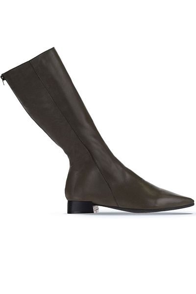 Bueno Shoes Γυναικείες φλατ μπότες από δέρμα χακί - 01wr3010