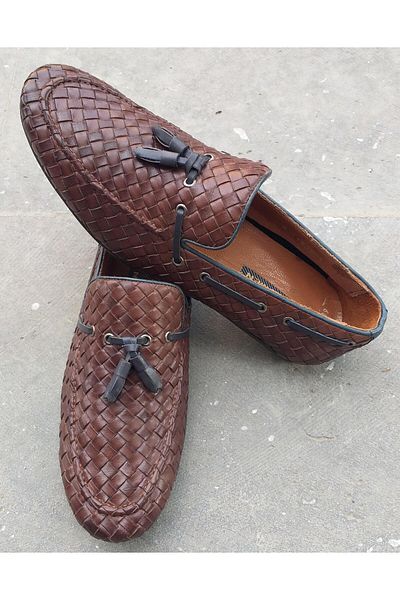 MARCOMEN 609-203 Men's Genuine Leather Knitted Loafer Shoes