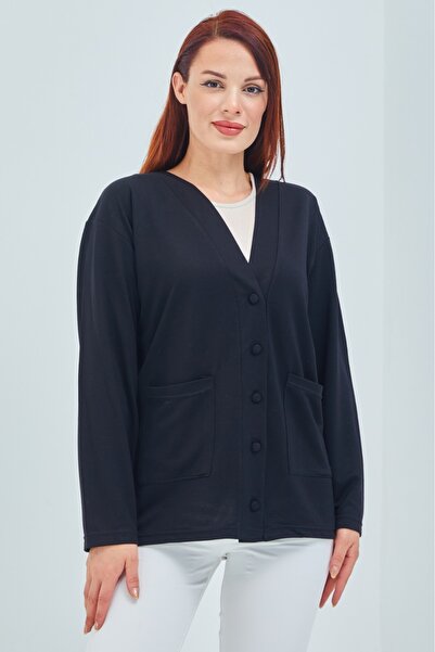 Women's Short Mother Combed Cotton Cardigan with Black Seasonal Pockets and Button