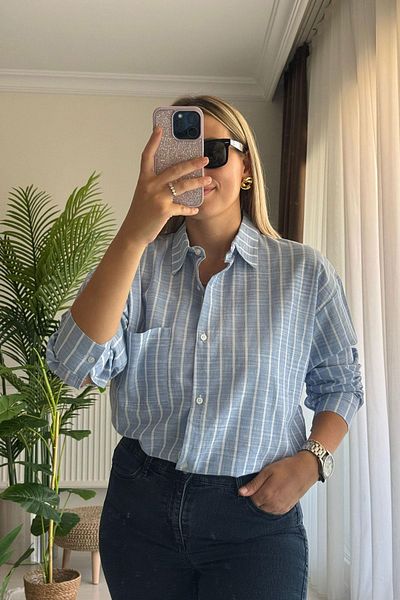 Kubos Moda Striped Long Sleeve Linen Fabric Light Blue Shirt