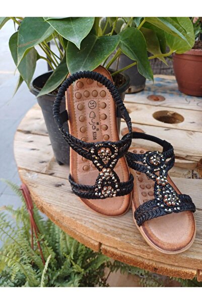 Guja 24y152-19 Girl's Straw Patterned and Stone Massage Sole Sandals