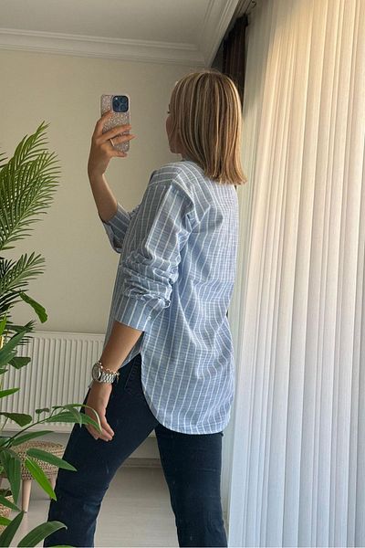 Kubos Moda Striped Long Sleeve Linen Fabric Light Blue Shirt