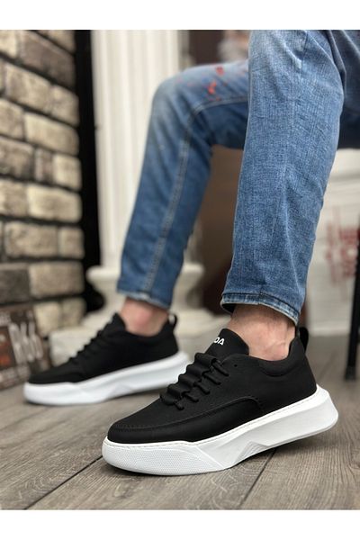 BOA BA0332 Ladder Pattern Lace Up Men's High Sole Black Skin White Sole Sports Shoes