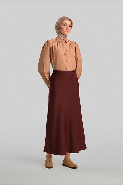 Armine Bitter Brown Satin Skirt - Ort1534 Model