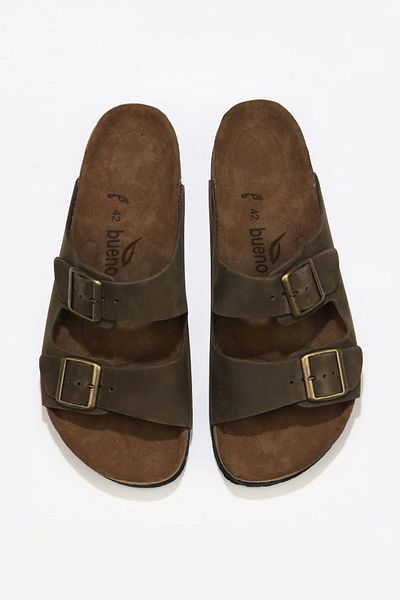 Bueno Shoes Γυναικείες δερμάτινες φλατ παντόφλες Khaki Nubuck - 05wt100