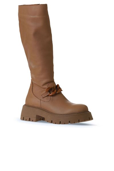 Bueno Shoes Tan γυναικείες δερμάτινες φλατ μπότες - 01wv3119