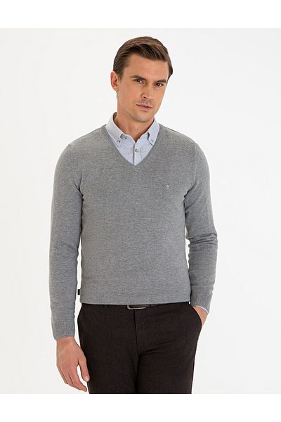 Pierre Cardin V-Neck Slim Fit Gray Sweater - 50229214 -Vr086