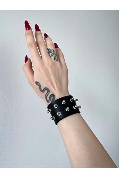 DarkellaStore Gotik Gothic Punk Suni Deri Çift Sıra Yuvarlak Başlı Çivili Bil...