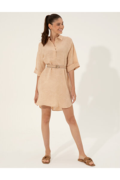 Pierre Cardin Beige Linen Blend A-Line Shirt Dress 50247236-Vr011