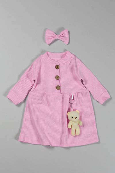 Peki Cotton Teddy Bear Figure Baby Dress - Add 5 Pay 4, Pintucked Buckle Bow, Ribbon 14710
