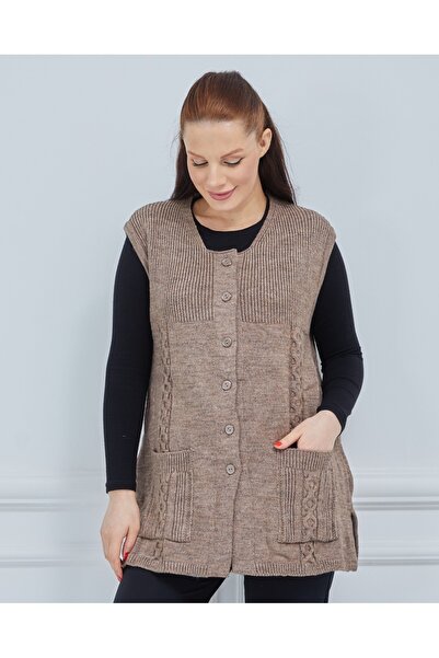 Elçelya Moda Дамски зимен вълнен елек от норка с кръгло деколте и джобове