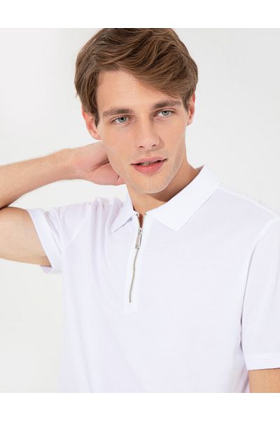 Pierre Cardin Tricou alb slim cu fermoar cu gât polo 50249828-VR013