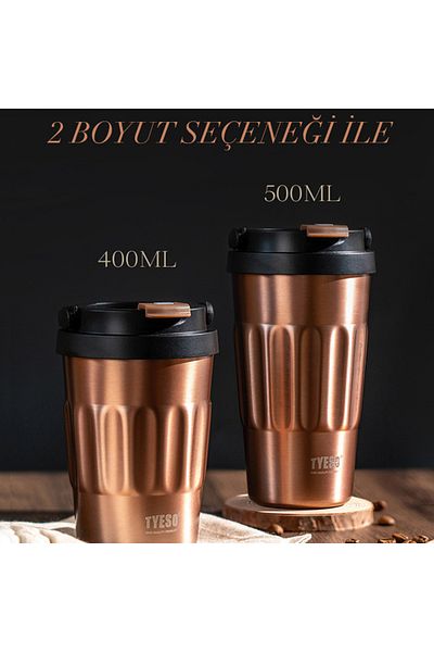 Tyeso Coffe Mug Vakumlu Paslanmaz Çelik Taşıma Kulplu 500 ml Kahverengi