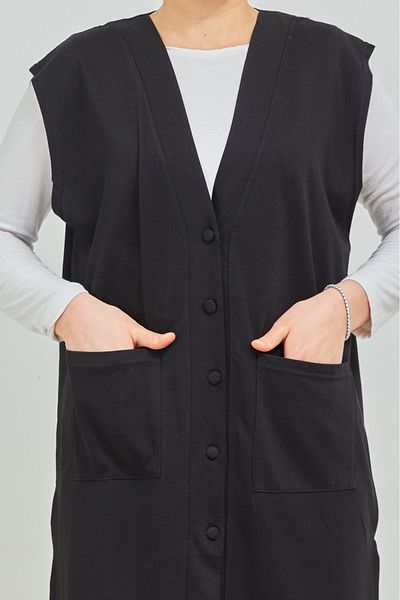 Elçelya Moda Women's Black Long Pocket Buttoned Combed Cotton Mother Plus Size Tunic Vest