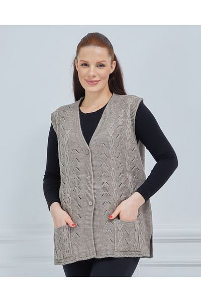 Elçelya Moda Дамски лек плетен жилет от норка с V-образно деколте и верижка, плетен с джобове и вълна за майки