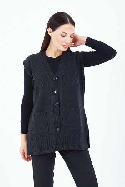 Elçelya Moda Women's Black V-Neck Buttoned Pocket Knitted Wool Mother Knitwear Vest