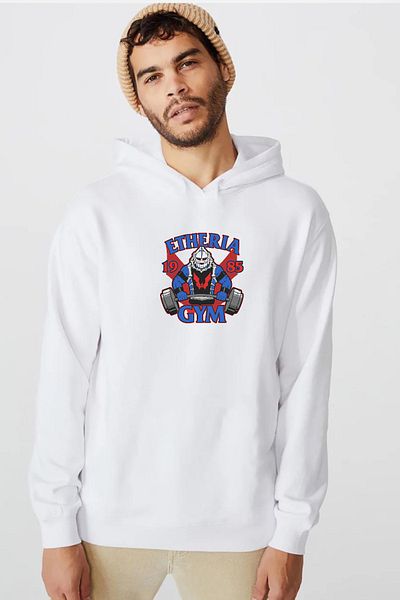 Tshirthane Φούτερ He Man Etheria Gym 1985 Λευκό ανδρικό φούτερ με κουκούλα 3 ip