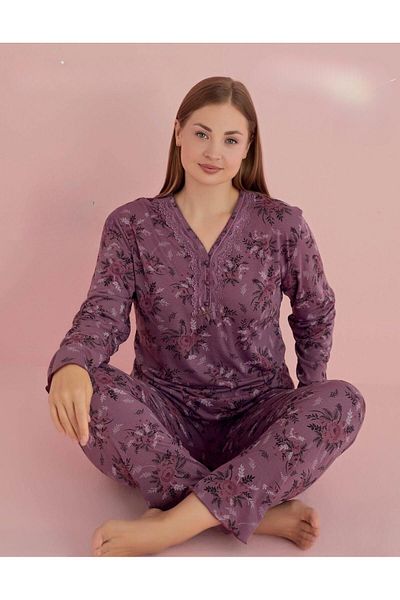 PİJAMERRY Bamboo Lace Collar Long Sleeve Plus Size Pajama Set 5072 - 1 Piece