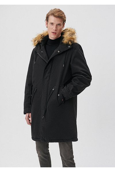 Mavi Черна дълга парка с кожена яка, голям размер / широка кройка 0110108-900