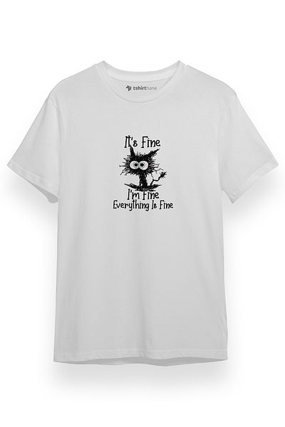 Tshirthane Its Fine Im Fine Everything Is Fine Cat Λευκό κοντομάνικο ανδρικό μπλουζάκι
