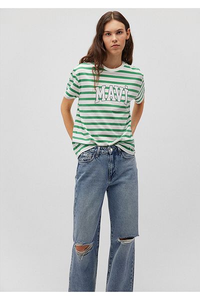 Mavi Grün gestreiftes T-Shirt mit Logodruck, normale Passform / normaler Schnitt 1611360-84477