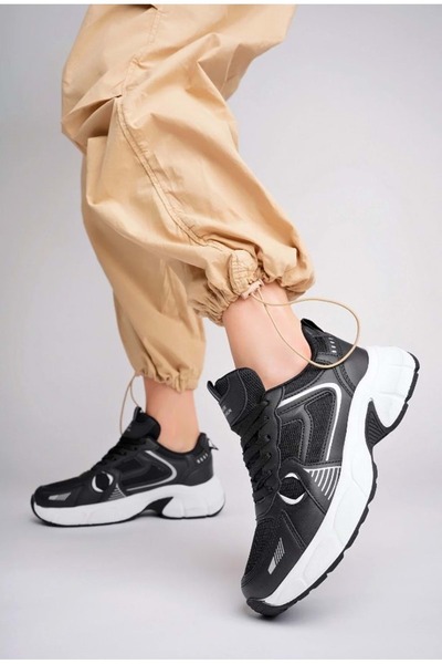 KOCAMANLAR Lambırlent 7450 Kalın Taban Sneaker Unisex Spor Ayakkabı SİYAH-BEYAZ