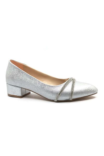 Kids Club Shoes Pantofi clasici de damă cu toc de 4 cm Mehtap cu dungi duble, cu detaliu în piatră, ARGINT