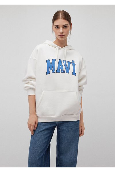 Mavi Weißes Kapuzen-Sweatshirt mit Logo-Print 1600361-81964
