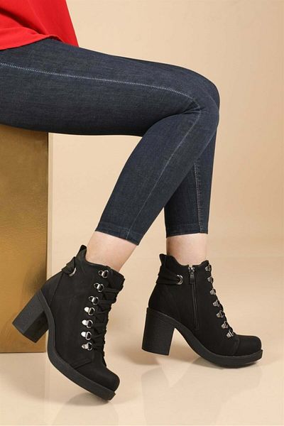 Kids Club Shoes Ghete de damă cu șireturi cu toc mediu Ayakdaş 1058 NEGRE