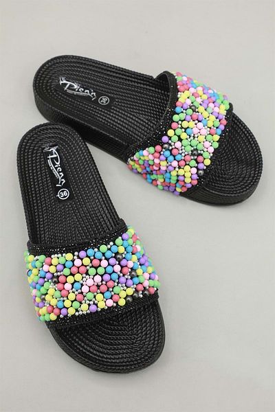 Kids Club Shoes Pienn 20037-004-03 - Μαύρες παντόφλες με χάντρες για νεαρά κορίτσια και γυναίκες