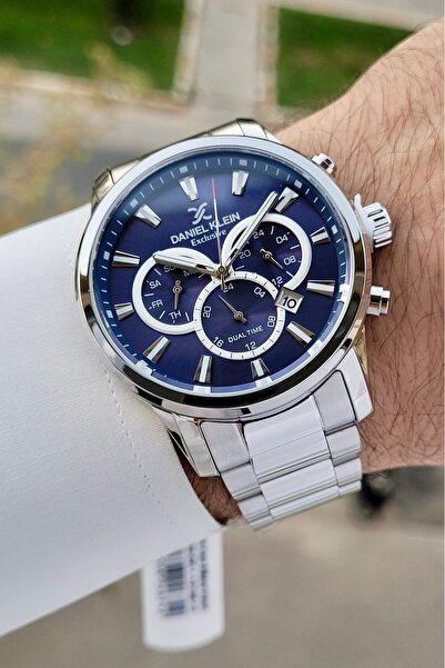 Daniel Klein Indicators Active Dial Navy Blue Band Silver Color Men's Wristwatch with Gift Package