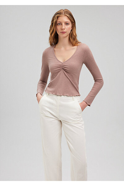 Mavi Büzgü Detaylı Pembe Tişört Fitted / Vücuda Oturan Kesim 1612160-70224