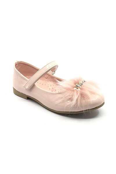 Kids Club Shoes Iremsu Feather and Jewelled Velcro Ballerinas for Girls - Powder-Patent Leather