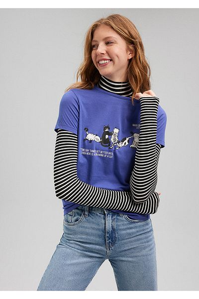 Mavi Μωβ Slim Fit Cat Printed T-shirt -1612208-70908