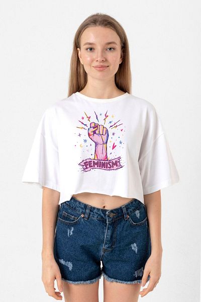 Tshirthane White Women's Crop T-Shirt - Colorful Feminism Hand Design