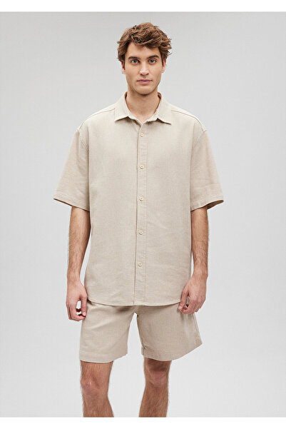 Mavi Keten Karışımlı Bej Gömlek Loose Fit / Bol Rahat Kesim 0210821-70182