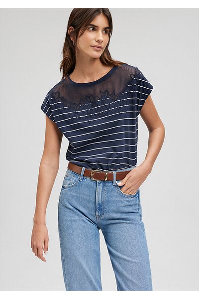 Mavi Marineblaues gestreiftes Spitzen-T-Shirt - Regular Fit1612306-85500
