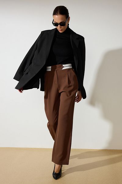 Trendyol Collection Waist Detailed Wide Leg Brown Fabric Trousers - Twoaw24Pl00037