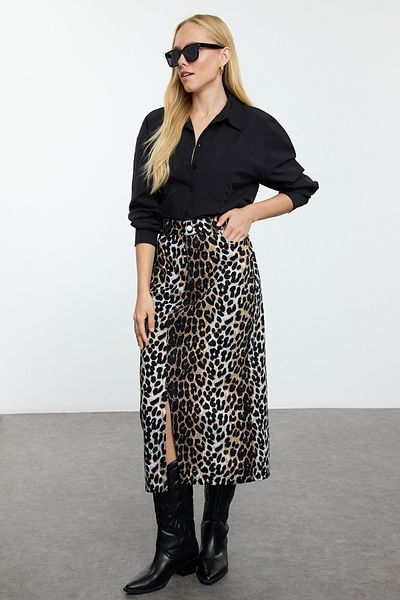 Trendyol Collection Leopardenmuster Bunter Maxirock - Schlitz vorne, gewebt Twoaw25et00136