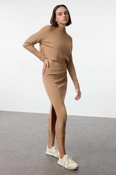 Trendyol Collection Camel Crop kötöttáru szett - szoknyával, Twoaw23au00170